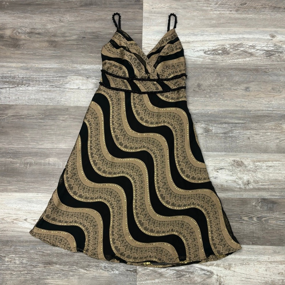 Vintage 90s Fresh Twist Black Tan Gold Womens‎ 8 Beaded Sparkly Silk Blend Dress
